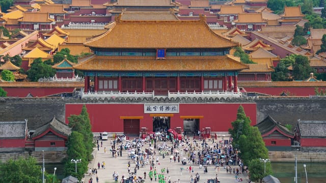 Explore the architectural splendor of the Forbidden City in Beijing from a stunning aerial perspective.