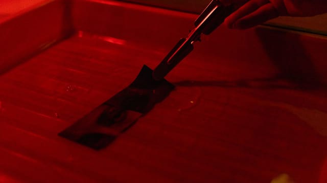Close-up view of film developing in a darkroom with red lighting.