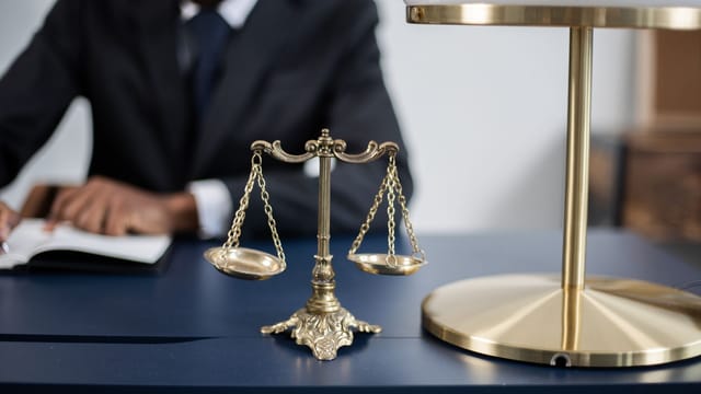 Elegant legal office with a close-up of golden scales of justice on a sleek dark desk.