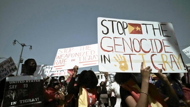 Group protest in San Francisco highlighting Tigray conflict with signs and activism.