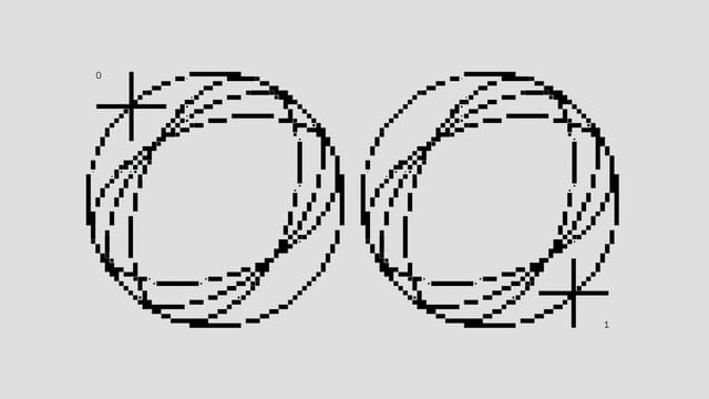 Intricate black and white pixel art featuring circular patterns with binary symbols, showcasing abstract shapes.