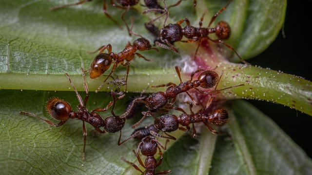 Detailed macro photograph of ants gathering on a leaf, showcasing insect behavior.