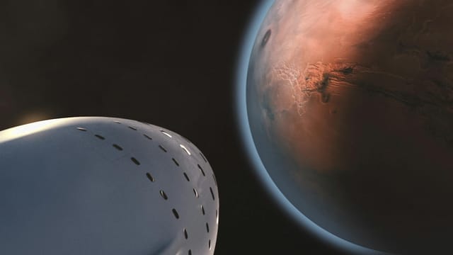 A detailed view of a spaceship approaching Mars, highlighting interplanetary exploration.