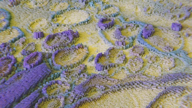 Colorful 3D rendering resembling neural networks or data visualization.