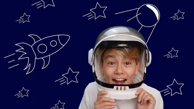 Smiling child in an astronaut helmet with a space-themed background.