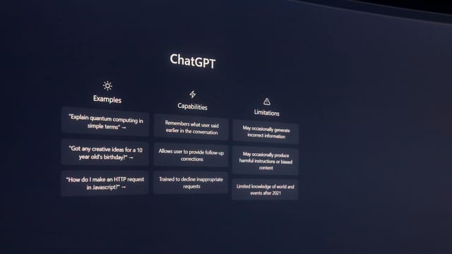 Screen displaying ChatGPT examples, capabilities, and limitations.