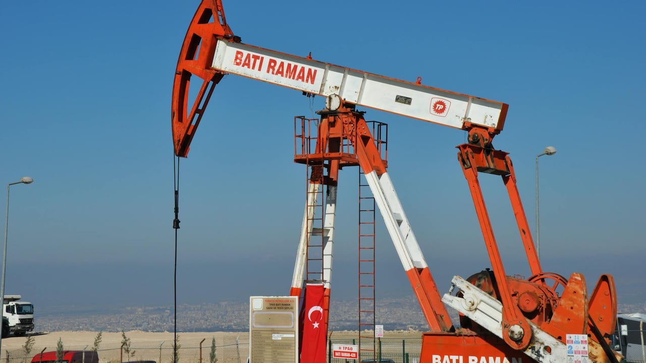 Bati Raman oil pump jack in Batman, Turkey. Industrial landscape with city view.