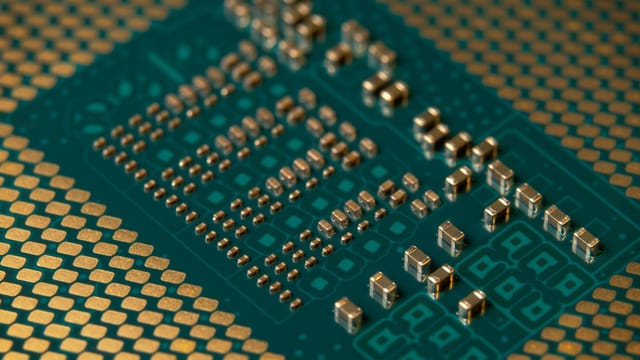 Detailed close-up of a microprocessor circuit board showcasing intricate circuitry and components.