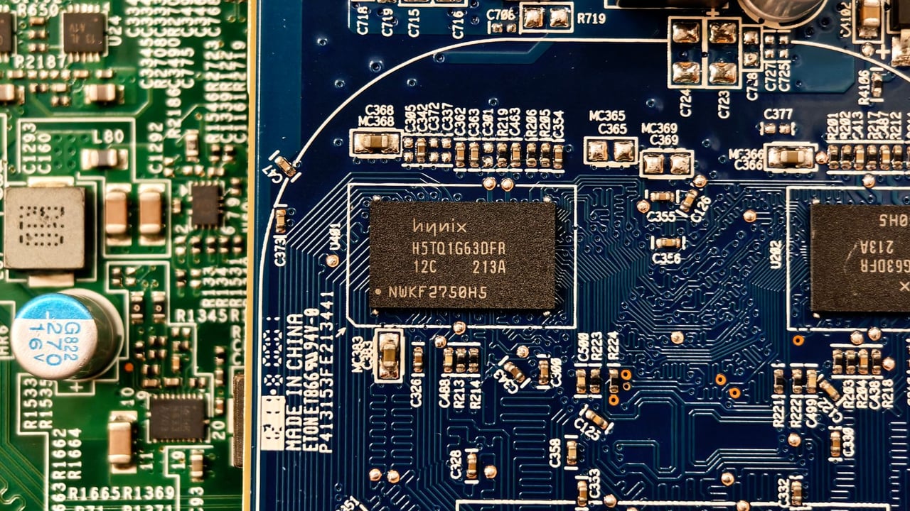 Detailed close-up of computer circuit boards highlighting electronic components and intricate circuitry.