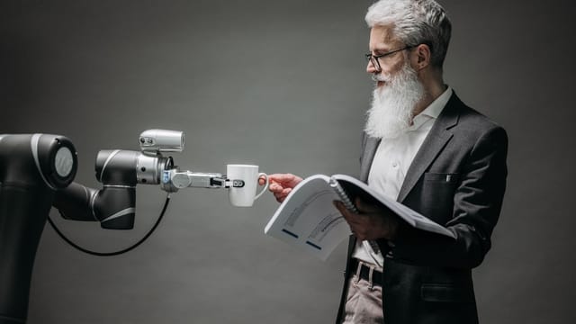 A scientist interacts with a robot helper, demonstrating modern technological innovation.