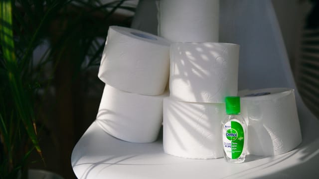 A still life with toilet paper rolls and hand sanitizer in natural light indoors.