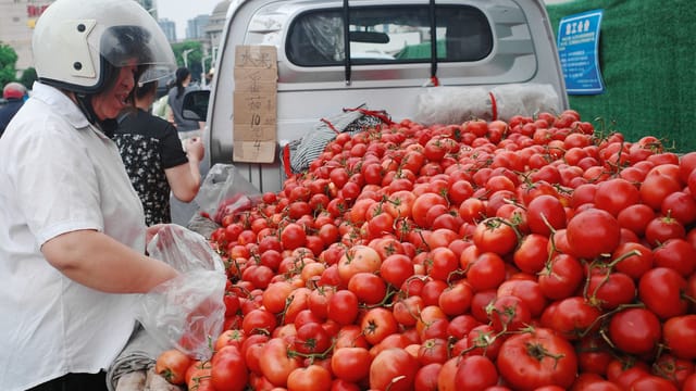 A street vendor sells fresh tomatoes from the back of a truck in Hangzhou, China.