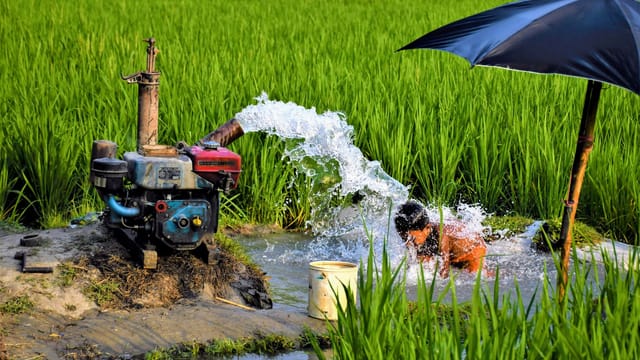 Rural irrigation scene with a child enjoying water from a pump in Bangladesh.