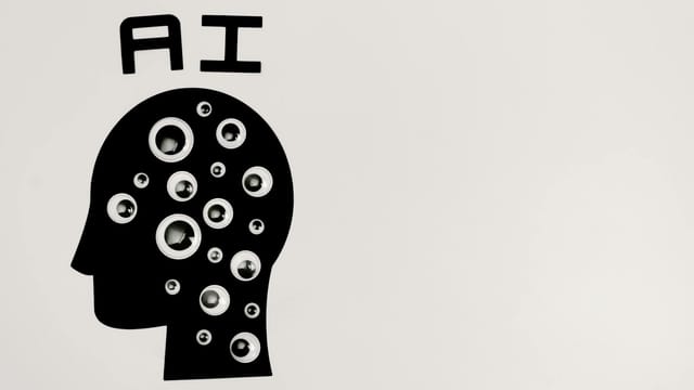 Abstract illustration of AI with silhouette head full of eyes, symbolizing observation and technology.