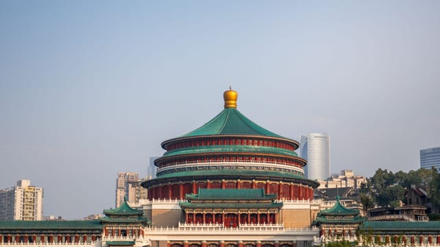 The iconic Great Hall of the People with its distinctive architecture in Chongqing, China.