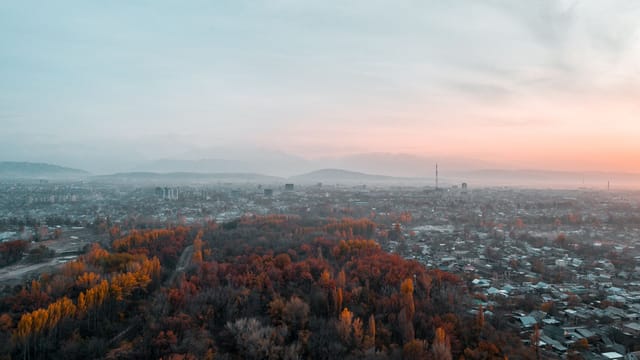 Aerial city view with autumn foliage and smog under a sunset sky. Urban landscape with pollution.