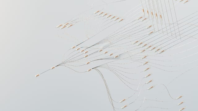 Abstract illustration depicting complex digital neural networks and data flow.