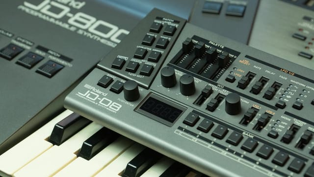 Detailed view of a Roland JD-800 synthesizer showing control knobs and keyboard.