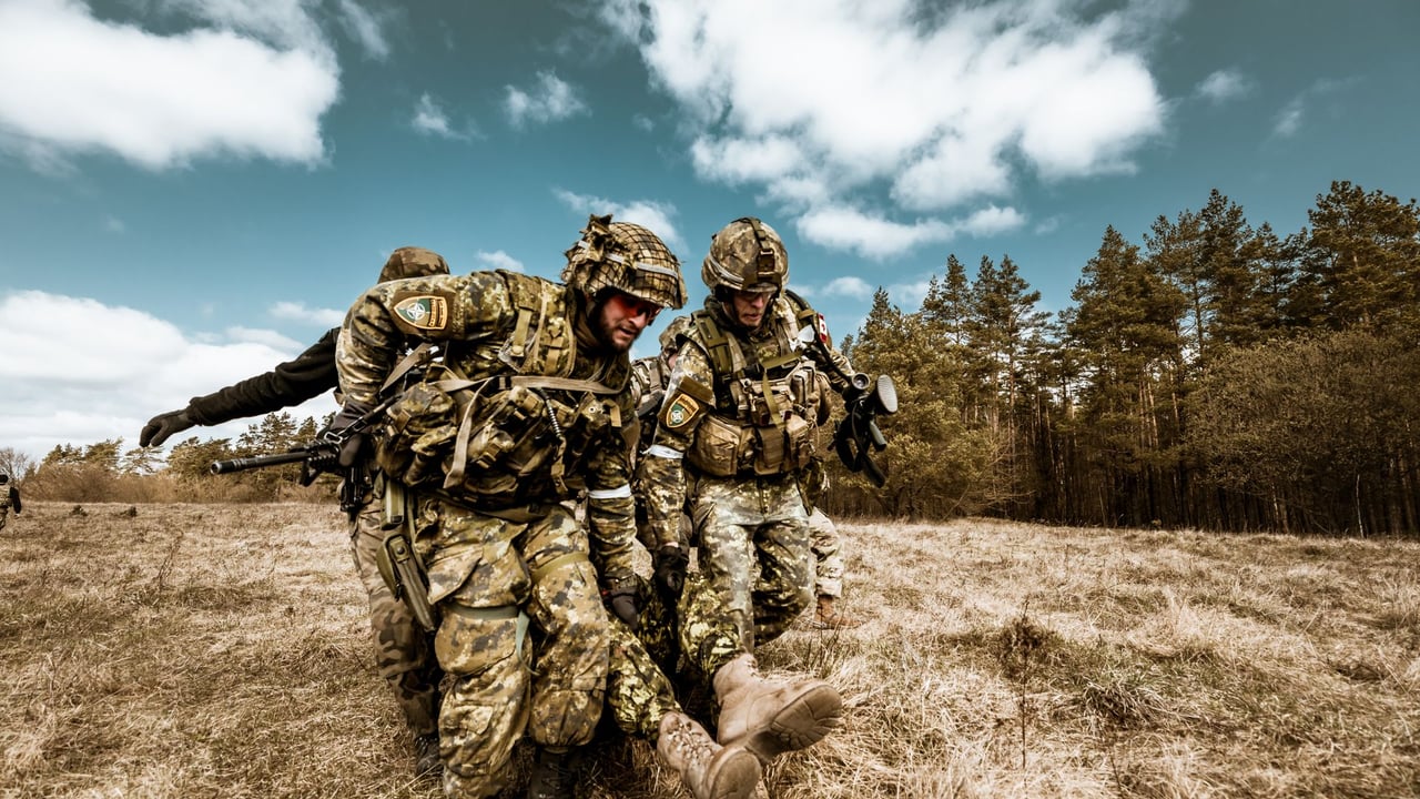 Illustrative image: Military personnel actively engaged in outdoor rescue operation on grassy field, showcasing teamwork and bravery.