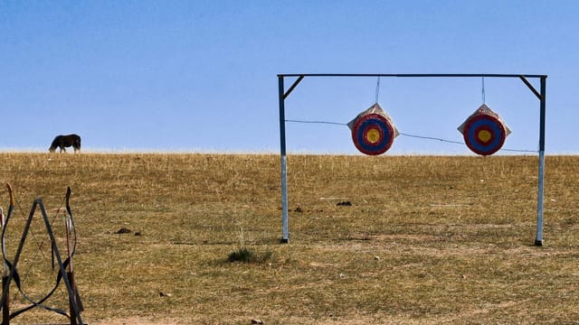 Archery targets set in a vast Mongolian steppe with a grazing horse.