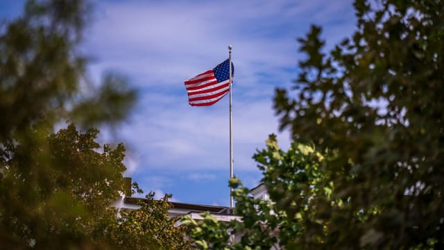 American flag on a flagpole framed by green trees against a clear blue sky, symbolizing patriotism.
