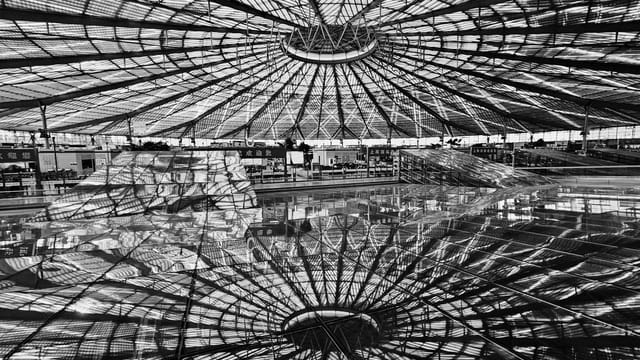 Black and white image of a striking glass ceiling with symmetrical patterns and reflections.