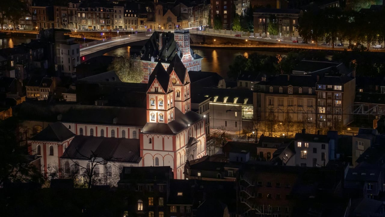 Stunning aerial view of Liège Cathedral illuminated at night, showcasing gothic architecture in Belgium's Wallonia region.