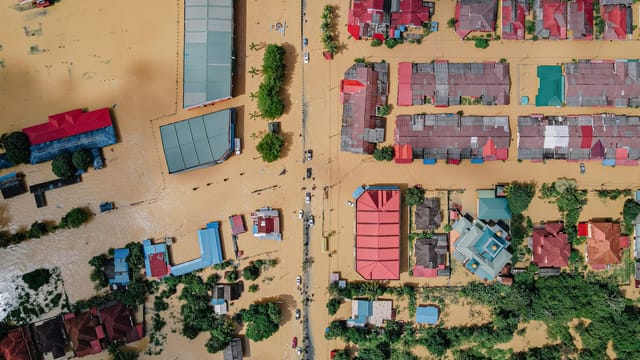Top view of small residential buildings and verdant lush trees in flooded village