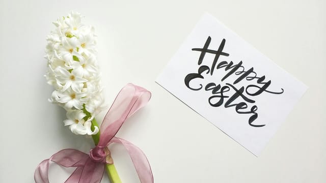 White hyacinth with ribbon and Happy Easter card on a white background.