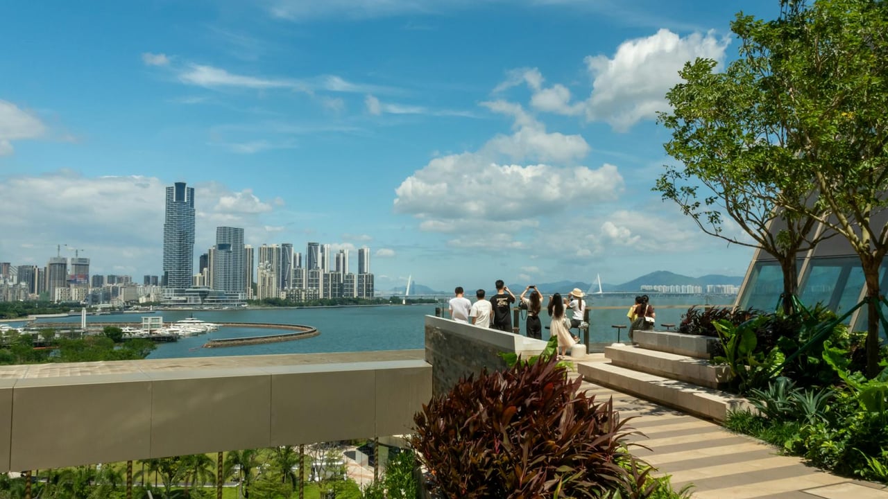 Explore the scenic Shenzhen skyline from a lush rooftop garden with a vibrant cityscape and blue skies.