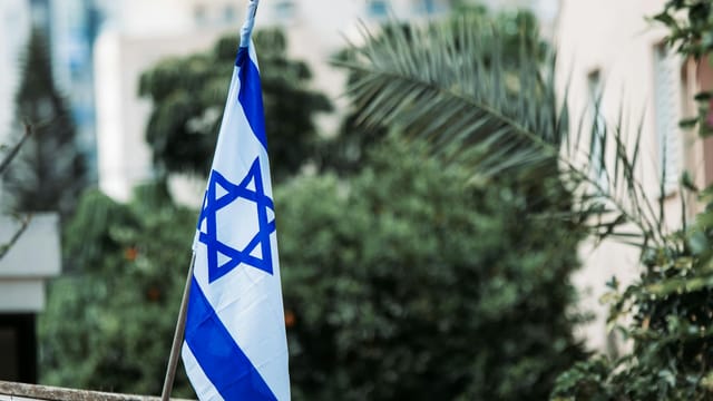 Israeli flag displayed among urban greenery, reflecting national pride and identity.