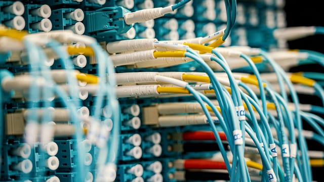 Industrial optical switch with connected rubber cables of different colors with stickers representing letters and numbers and plastic terminations