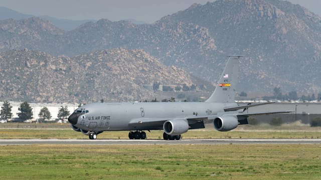 A US Air Force KC-135 Stratotanker on the runway at March Air Reserve Base, California.