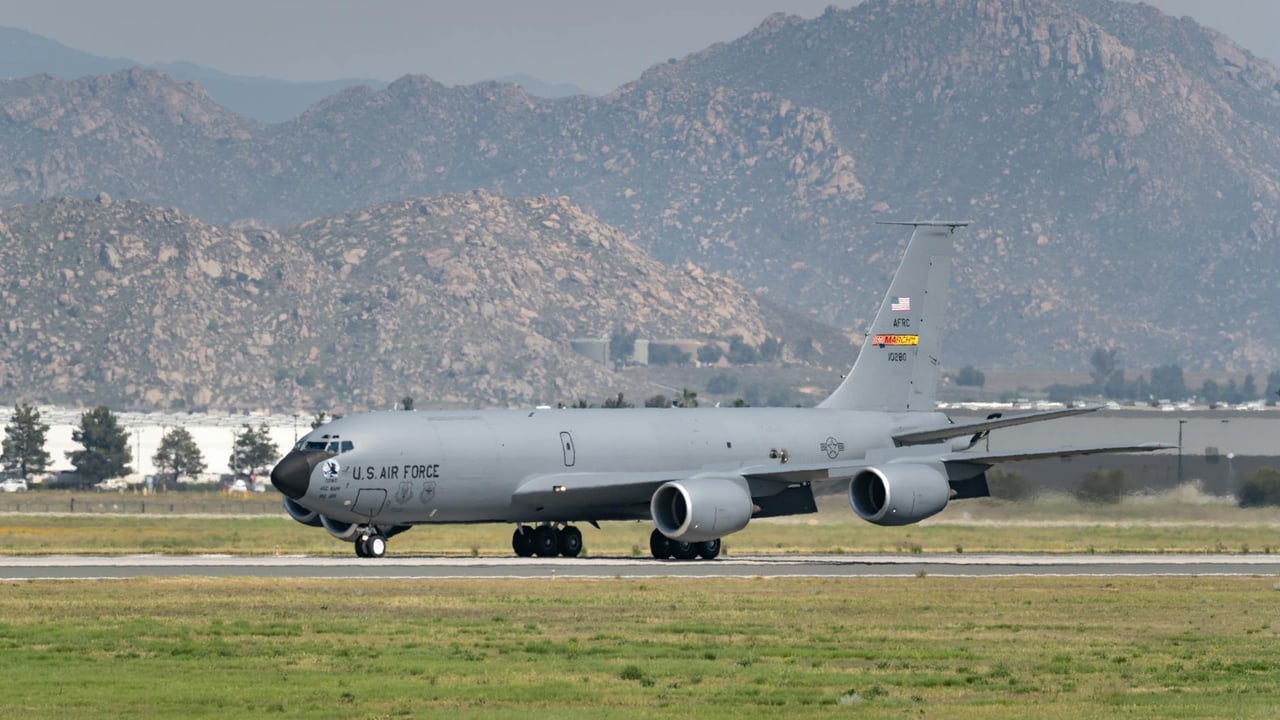 A US Air Force KC-135 Stratotanker on the runway at March Air Reserve Base, California.