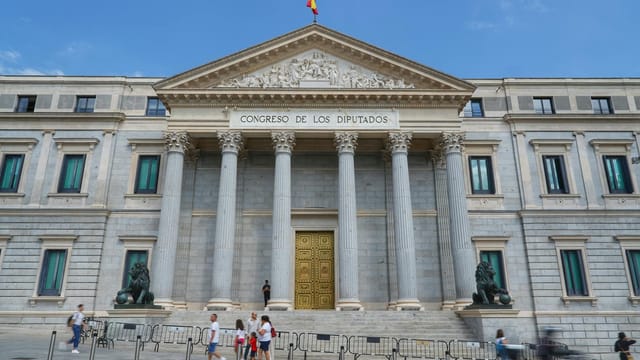 View of the Congreso de los Diputados, a neoclassical landmark in Madrid, Spain.