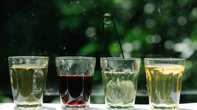 Four glasses of varying herbal teas with a strainer, set against a lush green background.