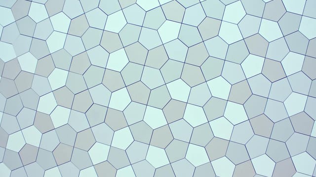 Overhead view of creative abstract backdrop with seamless pattern representing small pentagons with straight lines