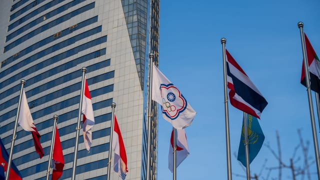 Flags of various nations against a modern skyscraper backdrop.