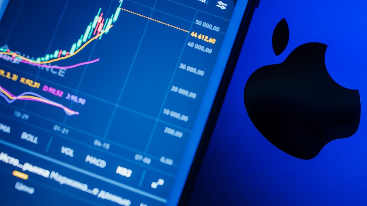 Close-up of a stock market app with charts and branding on a digital device screen.
