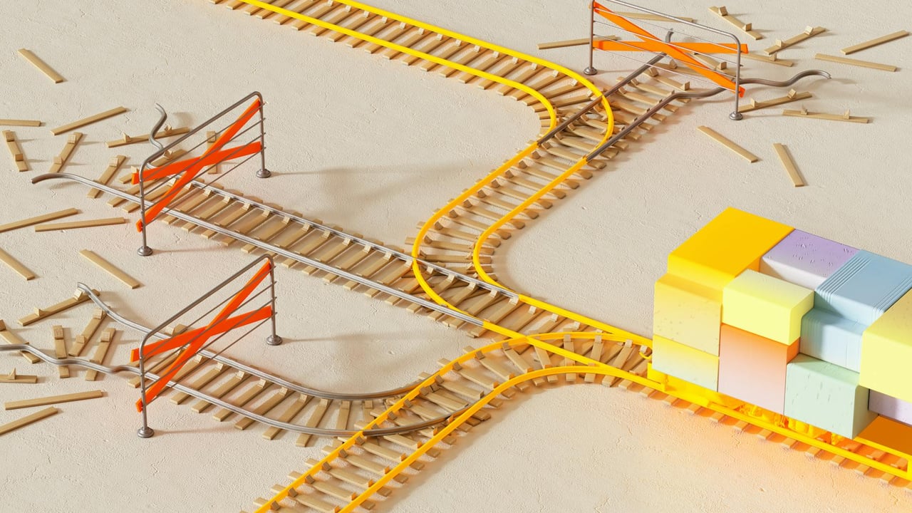 Colorful abstract design depicting rail tracks with blocks, illustrating choice and direction.