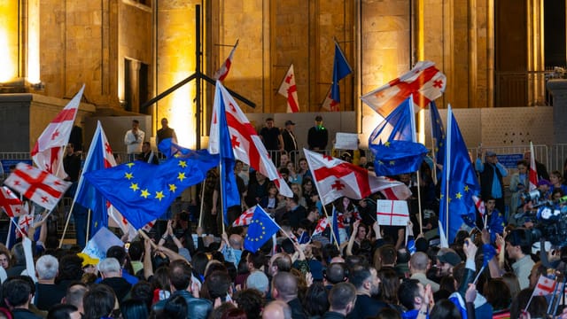 Crowd gathered in Tbilisi displaying Georgian and EU flags during a peaceful protest.