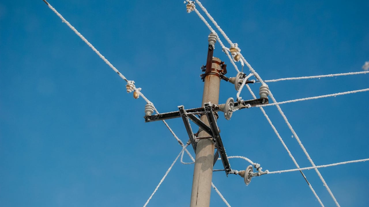 Frost-covered utility pole wires under a clear blue sky in Harbin, winter scene.
