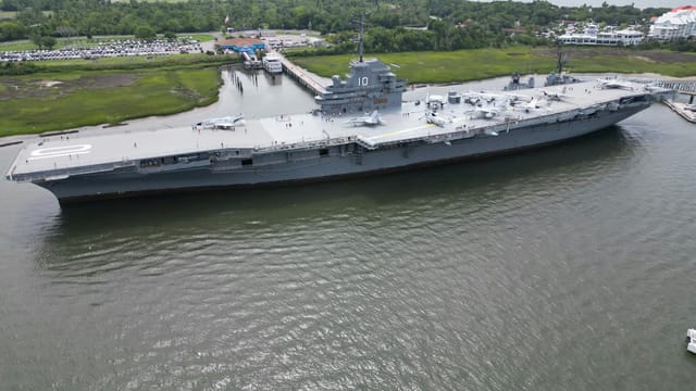 Aerial view of the USS Yorktown aircraft carrier docked in Mount Pleasant, South Carolina.