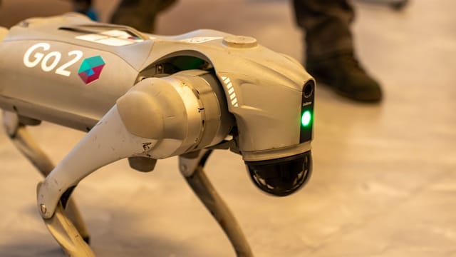A robotic dog with 'Go2' branding, captured indoors, showcasing modern technology.