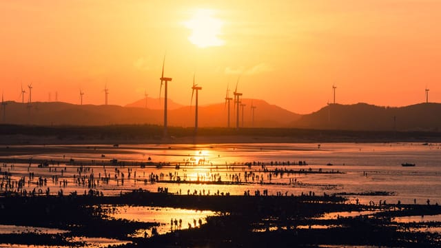 Stunning sunset view with wind turbines and silhouetted people along the Chinese coast.
