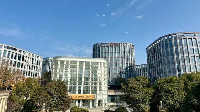 Contemporary office buildings framed by lush greenery in sunny Zhangjiang, Shanghai.