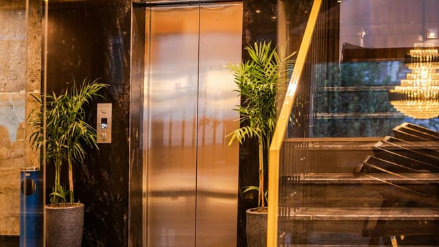 Elegant hotel elevator with lush plants and modern staircase, reflecting luxury and sophistication.