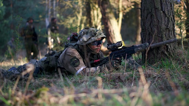 Soldier in camouflaged gear with a rifle during a forest training mission, focusing on stealth and strategy.