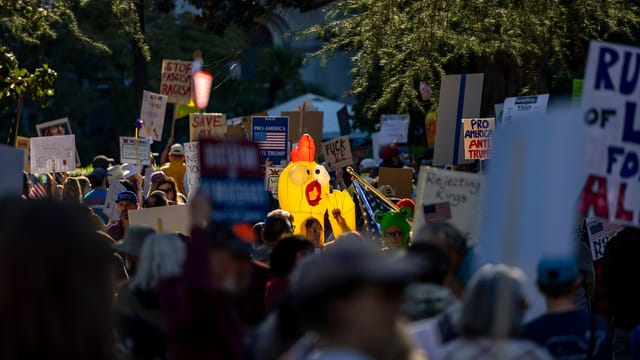A vibrant protest scene capturing various signs and symbols in downtown Sacramento.