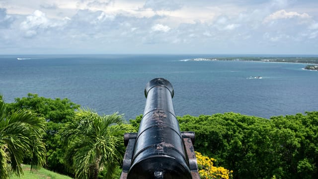 A scenic view of a historic cannon overlooking the Atlantic Ocean from a fort in Tobago.